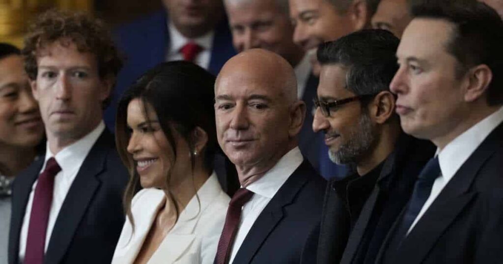A group of prominent tech industry leaders including Mark Zuckerberg, Jeff Bezos, Sundar Pichai, and Elon Musk, are seen together in a professional setting.